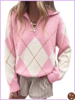 Quarter Zip Argyle Knit Pullover Sweater Loose Fit Fall Casual